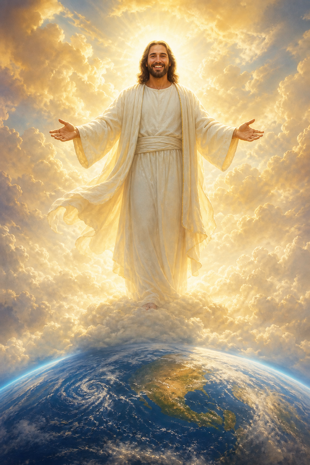 Jesus Christ smiling with open arms above the Earth among radiant clouds